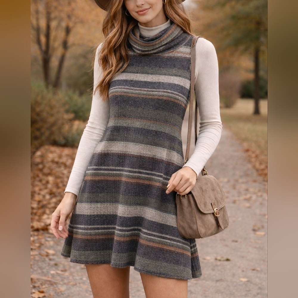 EMBRACE Boutique Nwt Sleevesless Striped Knit Cowl Neck Dress, Charcoal Olive, S